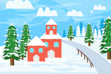 Obraz na płótnie Canvas Winter landscape with cottage Christmas tree moon and snow