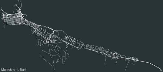 Detailed negative navigation urban street roads map on dark gray background of the quarter First 1st municipality (Municipio 1) of the Italian regional capital city of Bari, Italy