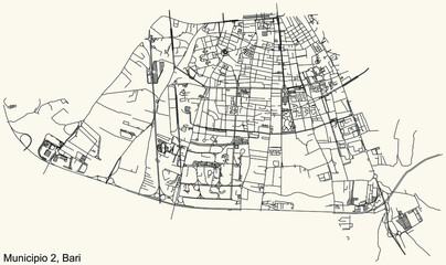 Detailed navigation urban street roads map on vintage beige background of the quarter Second 2nd municipality (Municipio 2) of the Italian regional capital city of Bari, Italy