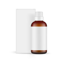 Amber Cosmetic Bottle for Oil with Packaging Box Front View, Isolated on White Background. Vector Illustration