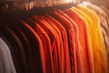 Soft beautiful sweaters of different colors hang on hangers in a clothing store. Fashionable casual clothes. Shopping.