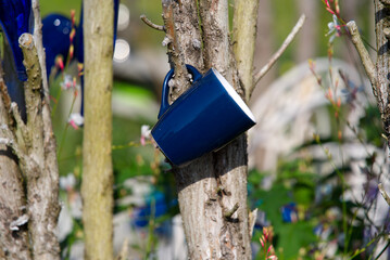 Blue cups and bottles hanging on bush tree at garden. Photo taken September 25th, 2021, Neuhausen, Switzerland.