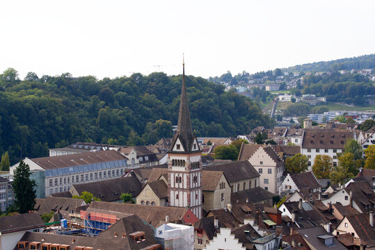 Aerial view of City of Schaffhausen from medieval fortress at the old town of Schaffhausen named Munot on a cloudy autumn day. Photo taken September 25th, 2021, Schaffhausen, Switzerland.