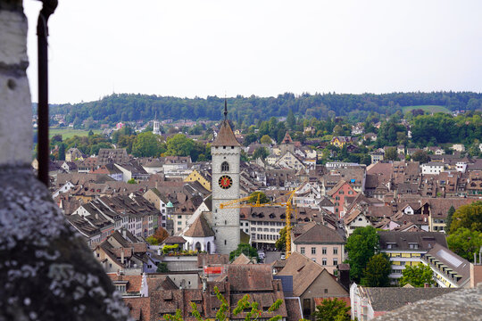 Aerial view of City of Schaffhausen from medieval fortress at the old town of Schaffhausen named Munot on a cloudy autumn day. Photo taken September 25th, 2021, Schaffhausen, Switzerland.