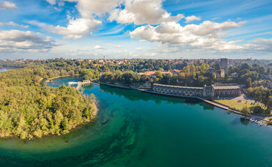 Trezzo Adda aerial view on hydroelectric power plant Taccani, Milan, Italy.