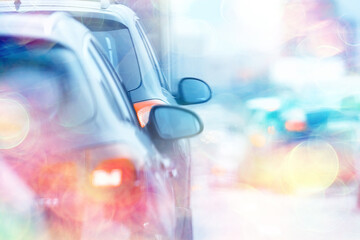 hot summer day on the road landscape in traffic jam / abstract urban view in traffic