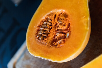 Butternut squash pumpkin preparation flat lay for cooking.