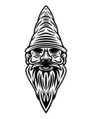 Garden gnome bearded head vector illustration in monochrome vintage style isolated on white background