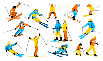 Set of skiers isolated on white background. Family winter trip in mountains. Ski actions: downhill, slalom, freeride, ski jumping, freestyle. Skiing in winter Alps. Vector illustration