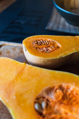 Butternut squash pumpkin preparation flat lay for cooking.