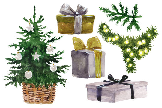 Adorable hand drawn watercolor illustration with collection of beautiful Christmas decor elements decorated fir tree, gift boxes with golden packaging, garland lightning isolated on white background.