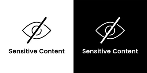 Sensitive content vector flat icons isolated on black and white background. Crossed out eye signs for social media, websites, videos, or photos. Inappropriate information, attention signs.