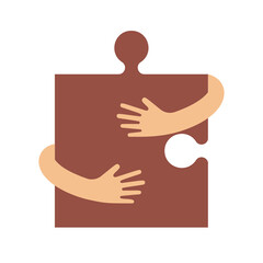 Human hands embracing or holding puzzle sign vector flat illustration isolated on white background. Creative emblem with a brown big jigsaw symbol and hugging arms. Logo with a hug.
