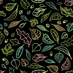 Leaves on a black seamless background. Decorative foliage. Hand drawing of foliage: oak, aspen, birch, alder, linden, willow, acorns, etc. Seamless background for the seasons: autumn, spring, summer.