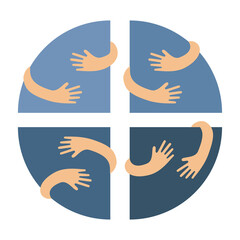 Human hands embracing or holding circle segments vector flat illustration isolated on white background. Creative emblem with blue quadrants or sectors and arms. Logo with a hug.