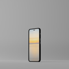 Smartphone mockup with blank white screen on a grey background. 3D illustration