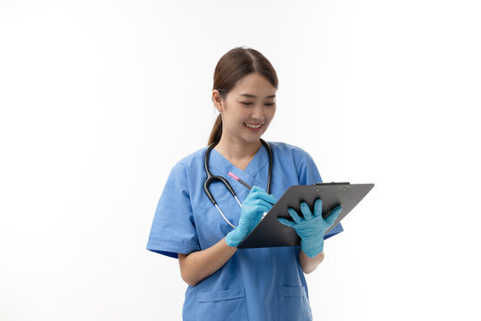 Young Asian female doctor holding clipboard or folder, with stethoscope, isolated on white background