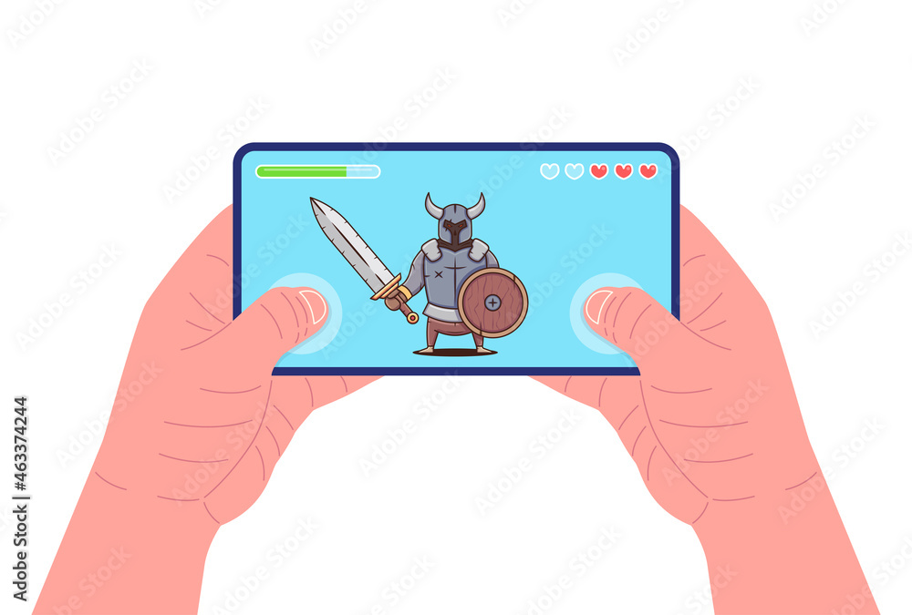 Poster man holding smartphone and playing the game. mobile gaming concept. warrior character with shield on