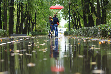 two people under an umbrella / a man and a woman are walking in a park with an umbrella, walking in the fall in the rain, an autumn umbrella