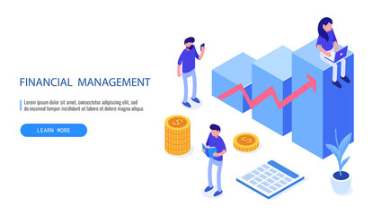 Isometric office with financial auditor or finance people. Man and woman auditor doing tax report or money inspection. Isometric vector web banner.