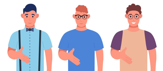 Fototapeta premium Three different young men giving hand shake pose and smiling with welcome gesture. Character set. Vector illustration.