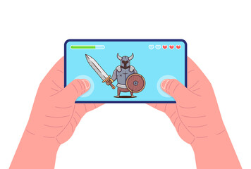 Man holding smartphone and playing the game. Mobile gaming concept. Warrior character with shield on screen. Vector illustration.
