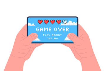 Man holding smartphone and playing the game. Pixel art. Game over on the screen. Vector illustration.