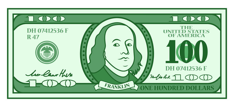 Cartoon 100 dollar bill with stylized Franklin portrait. Play money or fake banknote. Vector illustration.