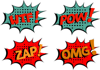 WTF-ZAP-POW-OMG Comic lettering Vector cartoon illustration in retro pop art style on halftone background