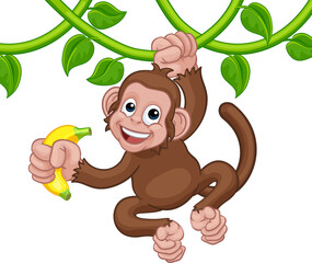 Monkey Singing On Jungle Vines With Banana Cartoon