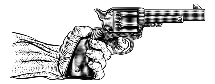 hand holding revolver, black and white clip art preview