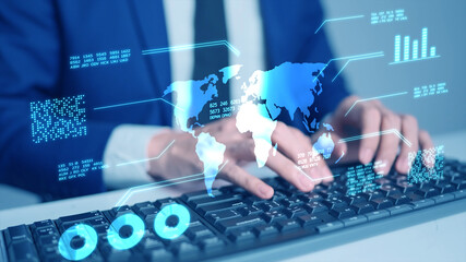 Business man using computer hand typing keyboard futuristic interface world map corporate data analytics graph chart background, finance online network communication digital world metaverse technology