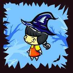 halloween chibi girl icon with hat logo simple icon design illustration
