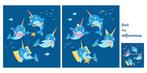Fototapeta na wymiar Find 10 differences. Narwhal or underwater unicorn characters with fishes and starfishes. Cute whale unicorn. Educational activity for children. 