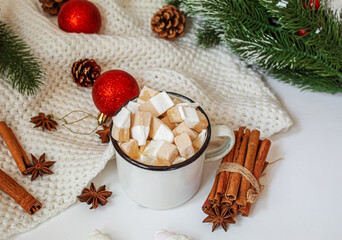 Obraz na płótnie Canvas Christmas Cocoa with marshmallows. neweyar.Holiday. Selective focus