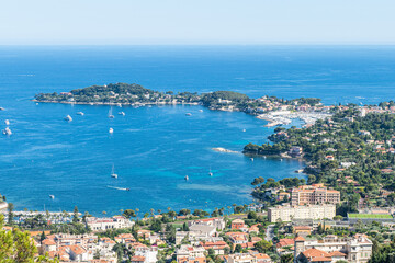 Fototapeta na wymiar Aerial view of Saint-Jean-Cap-Ferrat with the blue sea and beautiful beaches
