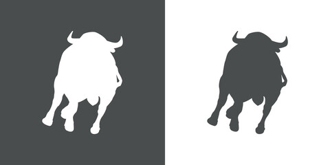 Icono plano silueta de toro de lidia atacando en fondo gris y fondo blanco
