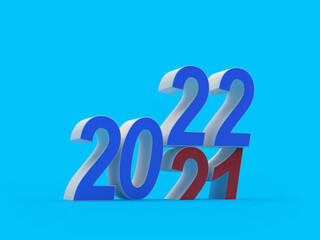 The number 2021 changes to the number 2022 of the New Year in blue. 3D illustration 