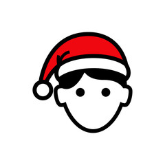 Icono plano con silueta de cara de hombre con sombrero de Papá Noel con lineas en color negro y rojo