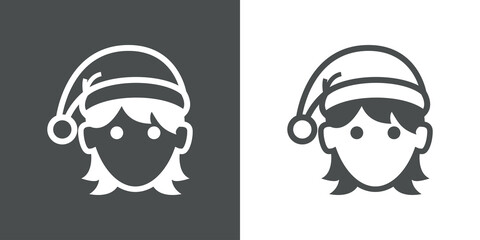 Icono plano con silueta de cara de mujer con sombrero de Papá Noel con lineas en fondo gris y fondo blanco