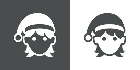 Icono plano con silueta de cara de mujer con sombrero de Papá Noel en fondo gris y fondo blanco