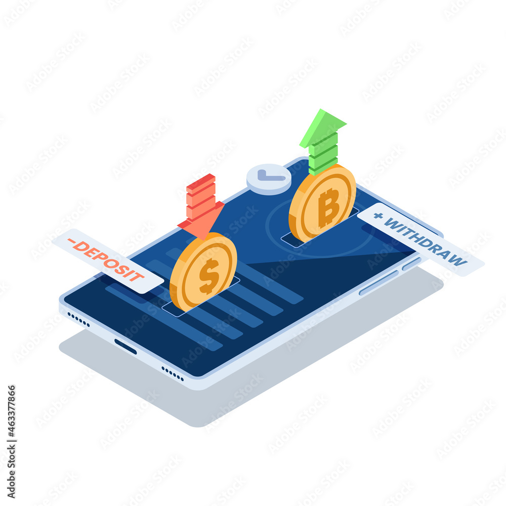 Poster isometric exchanging dollar coin and bitcoin cryptocurrency in smartphone application
