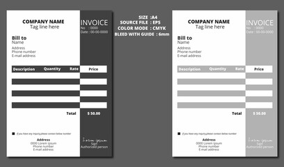 Simple,minimal invoice design.Black & white clean invoice template