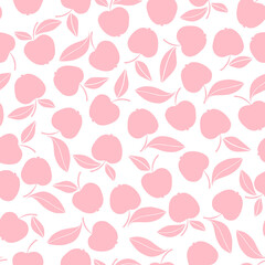 Seamless pattern: apples with leaves, pink on a white background.
