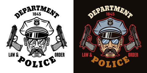 Policeman head in cap with mustache and two guns vector emblem, label, badge or logo in two styles black on white and colorful on dark background