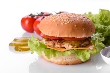Delicious fresh burger grill with a bun, cheese and meat