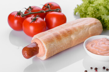 Delicious fresh French hot dog grill with a bun, dairy sausage and sauce
