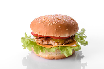 Delicious fresh burger grill with a bun, cheese and meat