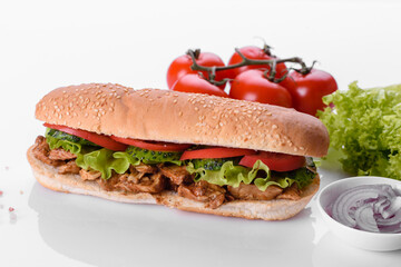 Delicious fresh sandwich grill with a bun, cheese and meat