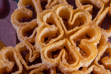 Sweet rosette flowers fried with sugar typical of Extremadura, Andalusia and Castilla, Spain. Christmas, Easter, Carnival